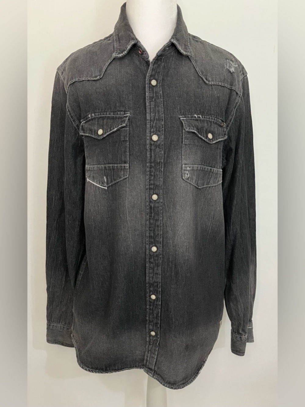 JACK & JONES Vintage Clth Co Black Denim Distressed Shirt Grunge Western Indie L